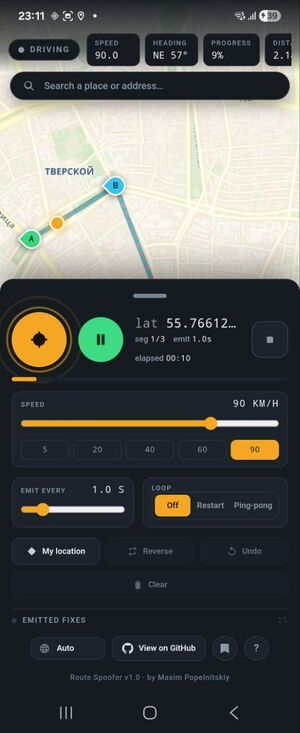 Playback running at 90 km/h with live direction and progress