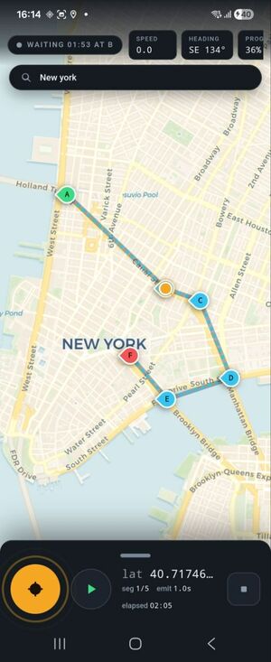 The route paused at point B, counting down the wait